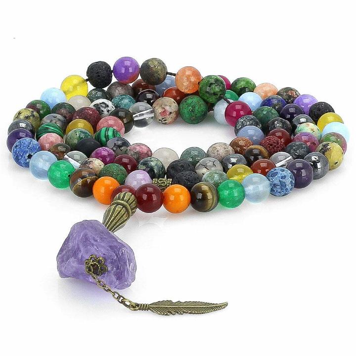 تسبیح و گردنبند لوکس احجار الشفا (سنگ درمانی) 43 نوع سنگ، هفت سنگ چاکرا، حدید محافظ هاله انرژی 101 دانه دستساز با شیخک آمتیست راف معدنی کد at016